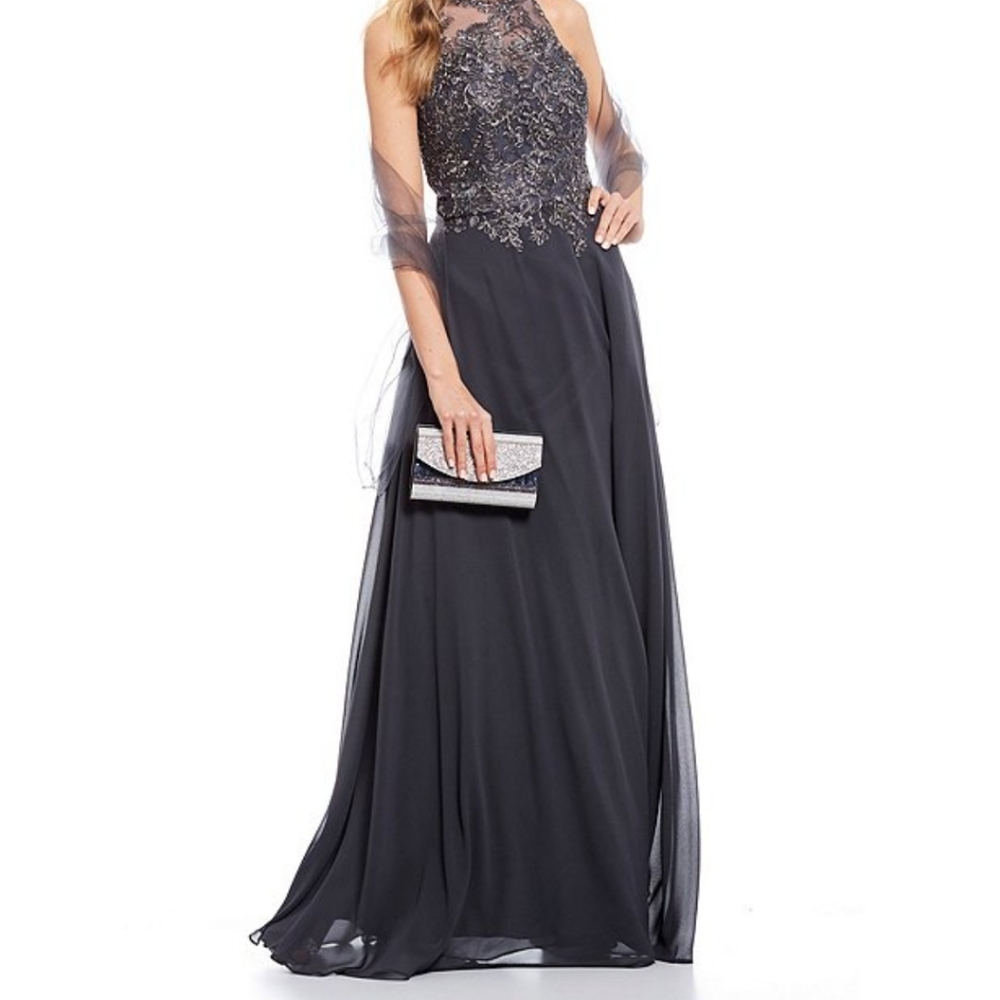 Embroidered Beaded Bodice Chiffon Gown